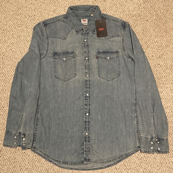 Levi's Mens Barstow Western Denim Pearl Snap Shirt Blue Stone Wash New Sz Small - Picture 1 of 8